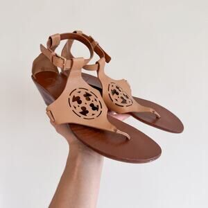 Tory Burch Zoey Leather Logo Thong Strap Wedge Sandals Tan Brown 9.5